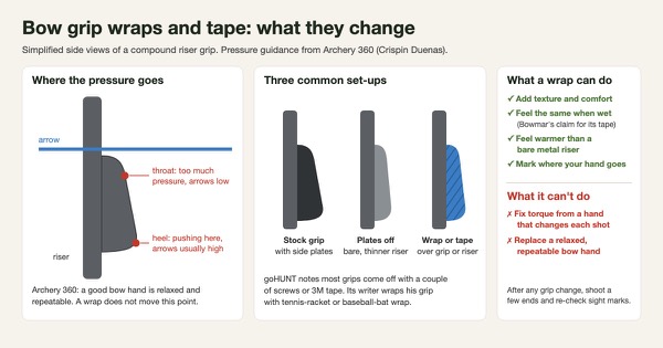 Diagram of a compound bow grip showing throat and heel pressure points, a stock grip, a bare riser with side plates removed and a wrapped grip, with what a wrap can and cannot do