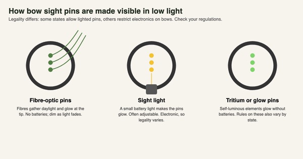 Diagram of three ways sight pins glow in low light: fibre-optic pins, a battery sight light and self-luminous pins