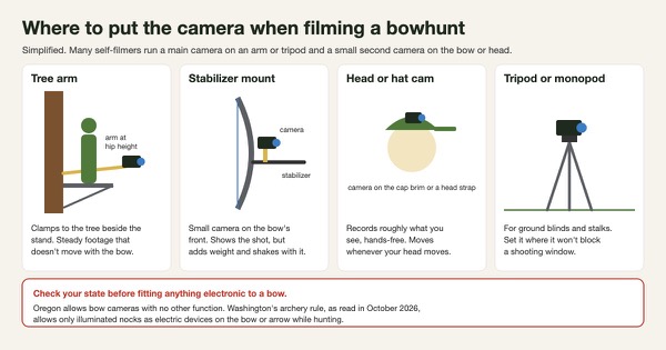 Simplified diagram of four places to put a camera when filming a bowhunt: a tree arm clamped beside the stand at hip height, a small camera on the bow's stabilizer, a head or hat camera, and a tripod on the ground, with a note that Oregon allows bow cameras with no other function while Washington's rule allows only illuminated nocks
