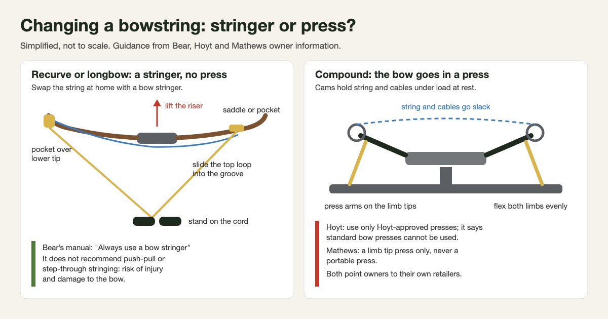 Simplified diagram comparing a bowstring change on a recurve, where a stringer with a pocket on the lower tip and a saddle on the upper limb lets the archer stand on the cord and lift the riser, with a compound in a limb-tip bow press that flexes both limbs so the string and cables go slack, with Bear, Hoyt and Mathews guidance