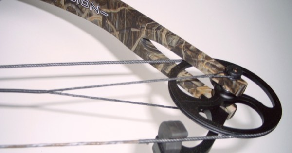 Close-up of a compound bow cam with the bowstring and cables running around it
