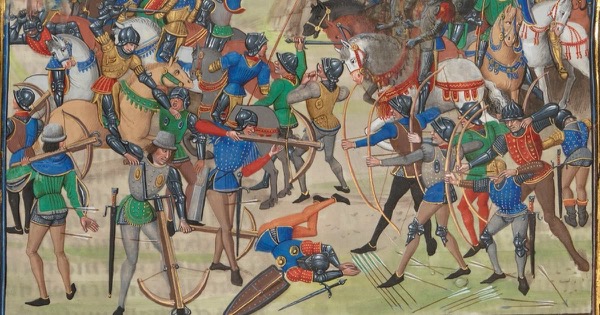 Fifteenth-century manuscript painting of the Battle of Crécy, with crossbowmen spanning and shooting crossbows on the left and longbowmen on the right