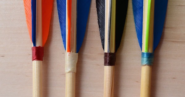 Close-up of four wooden arrows with orange, blue and black feather fletching and coloured thread bindings at the front of the feathers