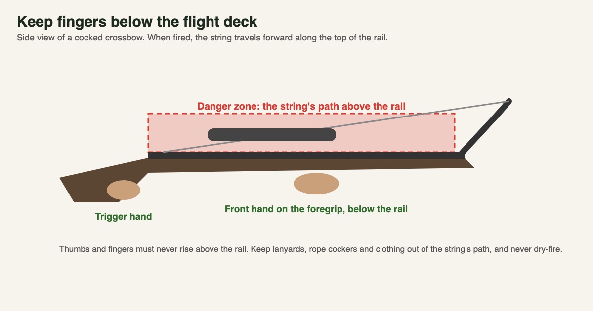 Side-view diagram of a cocked crossbow showing the danger zone above the rail and both hands kept below the flight deck