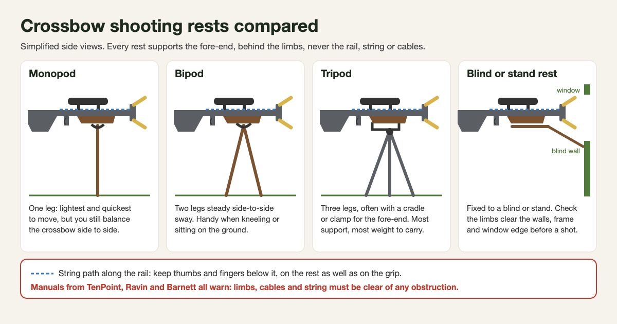 Simplified side-view diagram of four crossbow shooting rests: a monopod, a bipod, a tripod with a fore-end cradle and a rest fixed inside a ground blind with the limbs clear of the window, each supporting the fore-end behind the limbs, with the string path along the rail marked and a warning to keep limbs, cables and string clear of obstructions