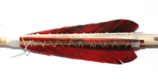 Close-up of red feather fletching being fixed to a wooden arrow shaft with thread