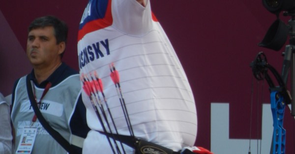 Arrows carried in a hip quiver at an archer's side during a World Cup competition