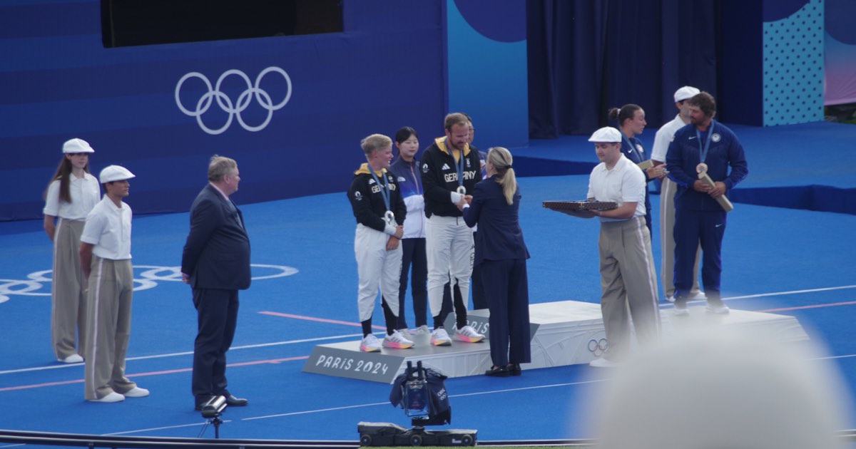 Medal ceremony for the mixed team recurve event at the Paris 2024 Olympics with Germany, South Korea and the United States on the podium
