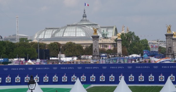 Target line of the Paris 2024 Olympic archery venue at Les Invalides with the Grand Palais in the background