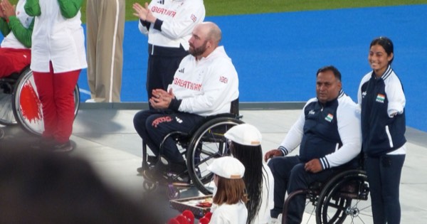 Mixed team compound open medal ceremony at the Paris 2024 Paralympics with Great Britain, Iran and India