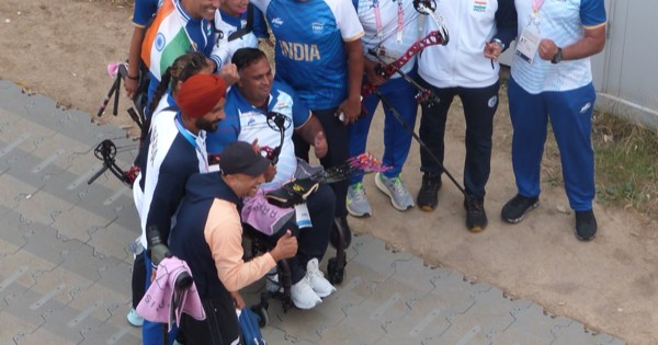 Members of India's para archery team posing together at the mixed team compound open event at the Paris 2024 Paralympics