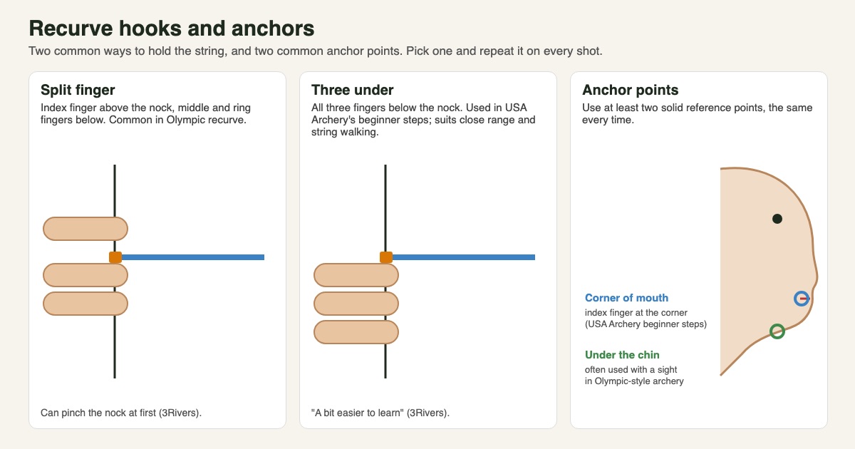 Diagram comparing split-finger and three-under string hooks on a recurve, and two anchor points on a face profile: corner of the mouth and under the chin