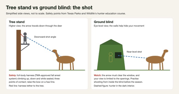 Diagram comparing a bowhunter's downward shot from a tree stand with a near-level shot from a ground blind, with safety notes for each